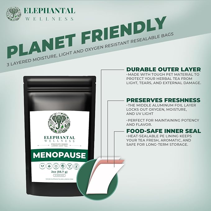 Elephantal Wellness Menopause Support Premium Herbal Tea for Women – Chaste Berry (Vitex), Black Cohosh, Red Clover & Valerian – Promotes Balance, Calm & Daily Comfort – Caffeine-Free Loose Leaf Tea, 2oz (20 Servings)