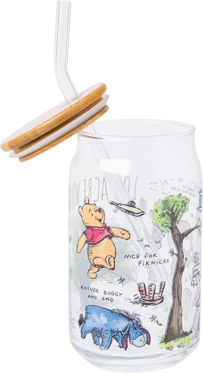 Silver Buffalo Disney Winnie the Pooh 100 Acre Wood Glass Tumbler with Bamboo Lid and Straw Featuring Winnie the Pooh and Eeyore, 16 Ounces