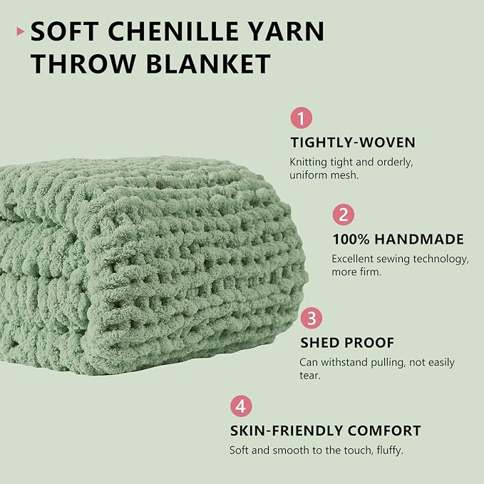 L'AGRATY Chunky Knit Throw Blanket for Couch, 50 x 60 Inches, Sage Green | Handmade Chenille Crochet Blanket for Sofa Bed, Thick Cable Knitted Blankets for Room Home Decor, Birthday Gift for Women Mom