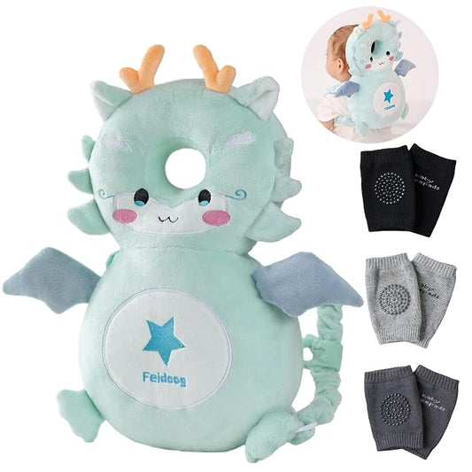 Feidoog Baby Head Protector Cushion Backpack with 3 Knee Pads for Walking & Crawling,Blue Dragon
