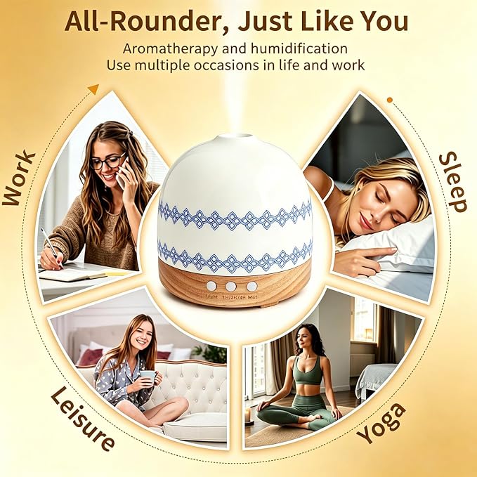 Aromatherapy Diffuser,300ML Handmade Essential Oil Ceramic Diffusers for Large Home with Cool Mist Humidifier & Night Light for Bedroom, Office, Yoga, Spa Women Gifts,Blue Flower
