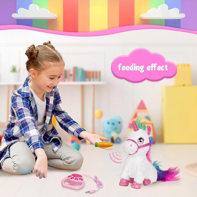 Interactive Unicorn Pet Toy with Leash Remote — Walks, Sits & “Eats”; Light-Up Horn, Touch & Sound Mode, Comb & Carrot, 3×AAA (Not Included), YH YUHUNG Unicorn Gift Toy for Girls Age 4-6