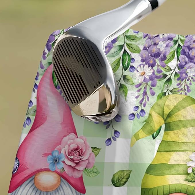 Blue Purple Gnomes Golf Towel with Clip, Spring Hydrangea Flower Leaf Green Plaid Large Microfiber Women Men Sports Work Out Disc Golf Bag Towel for Yoga, Gym, Fitness, Swimming Towels Accessory