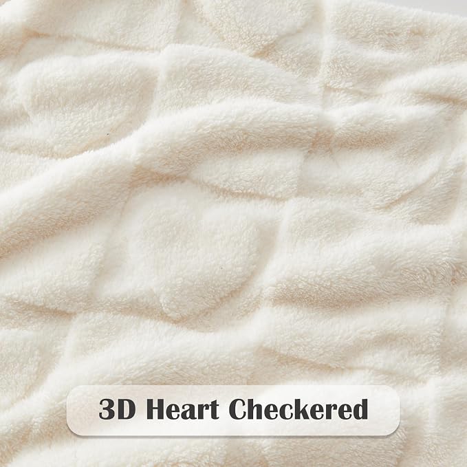 NEWCOSPLAY 3D Heart Checkered Flannel Throw Blanket, Ivory Love, 50"x70" | Super Soft Cute Lightweight Decorative Premium Silky Fleece Blanket for Couch Sofa Bed, Gift for Women Men, All Season Use