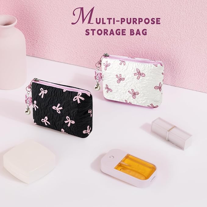 Mini Makeup Bag, Small Bow Tie Cosmetic Bag for Purse with Keychain, Portable XS Travel Makeup Pouch for Daily Use (Black)