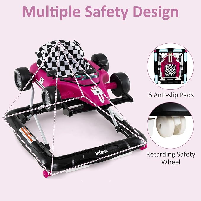 INFANS 4 in 1 Baby Walker, Foldable Toddler Activity Center with Adjustable Height, Padded Seat, Music, Light, Removable Tray, Push Walker for Girls Boys Aged 6-18 Months (Violet)