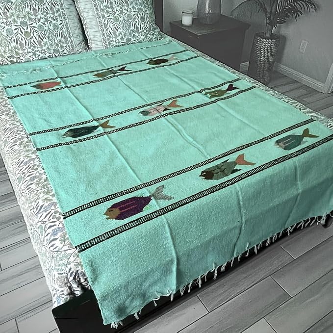 Open Road Goods Thick Mexican Yoga Blanket - Serape Fish Design - Handmade (Mint)