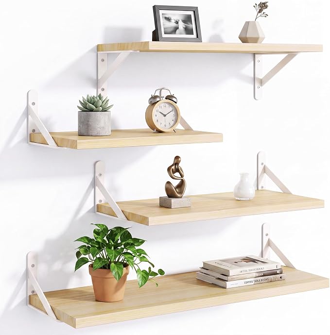 YGEOMER Floating Shelves for Wall, Different Sizes Natural Wood Wall Shelves for Living Room, Bathroom, Bedroom, Kitchen, Home Decor (Set of 4)