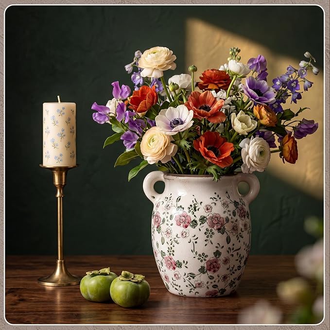 LemonRoad Vintage Planter Large Ceramic Plants Pot Beige Chinoiserie Floral Cottage Scroll Vase Flower Pot Indoor Home Farmhouse Kitchen Antique Decorative Gifts(Red Plum Blossom,7.7 Inch)