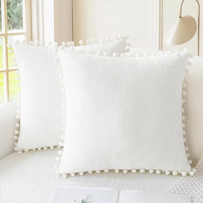 CaliTime Decorative Couch Throw Pillow Covers 20 X 20 Inches True White | Pack of 2, Cozy Chenille Cushion Cases, with Pom Poms for Sofa Bed Living Room Farmhouse Home