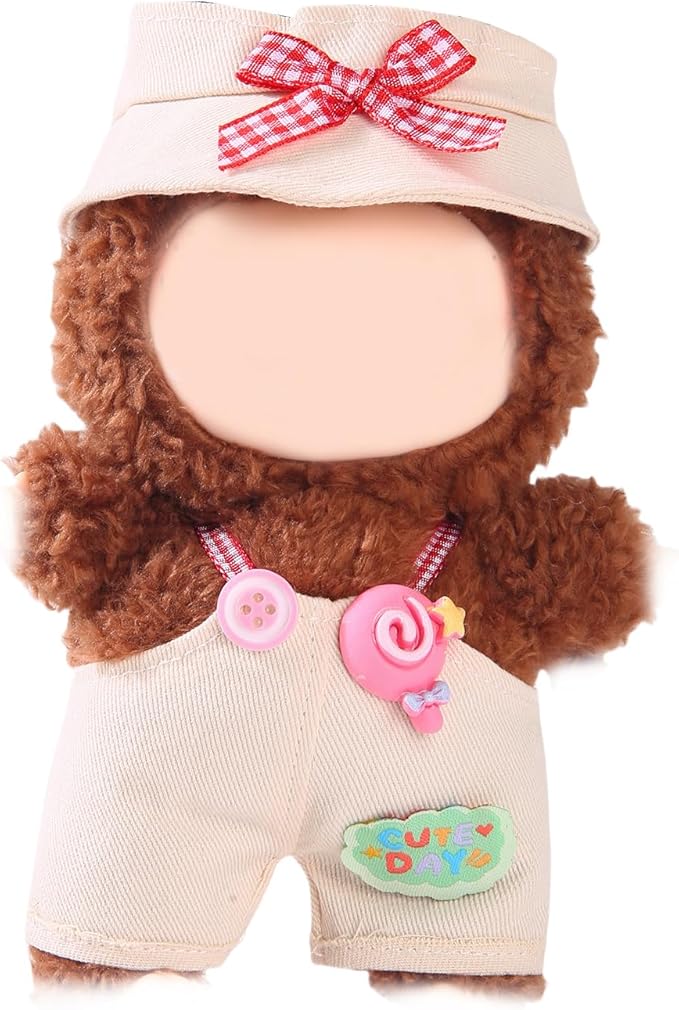 17cm Doll Clothes Set (No Doll) – Outfit with Hat & Overalls, Handmade Accessories for Mini Dolls, OB11-Compatible Dress-Up Gift (Pink Knot)
