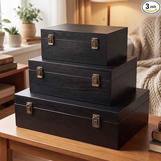 Sliner 3 Pcs Wooden Decorative Storage Boxes with Lids Vintage Wood Organizer Bins for Your Bookshelf Home Decor Safely Store Photos Documents Memory Jewelry Craft Storage (Glossy Black,S M L Size)