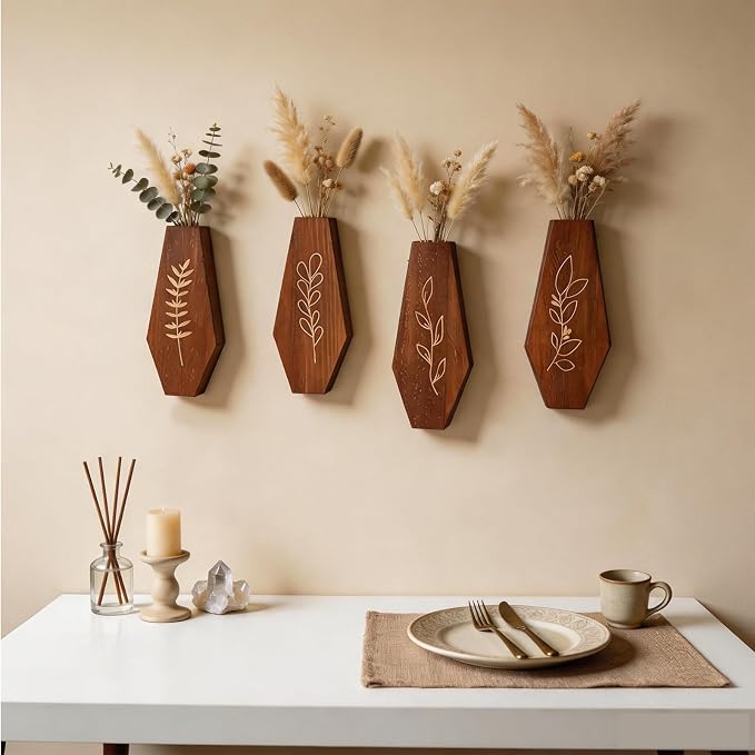 Wood Wall Vase 4 Pack, Modern Farmhouse & Boho Wall Decor Wooden Hanging Planter Set, Minimalist Mounted Vase for Living Room, Entryway, Hallway, Bathroom, Dining Room(Brown)