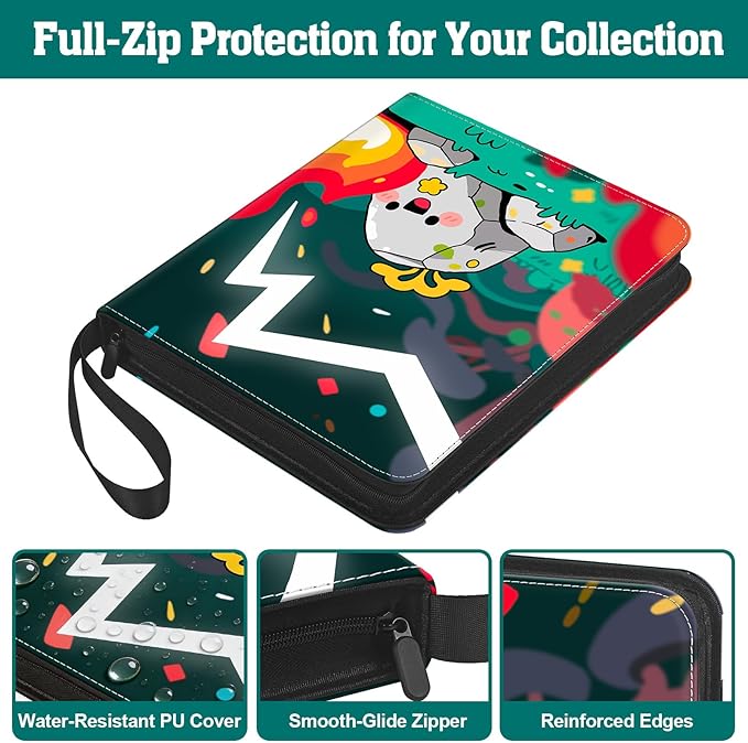 Trading Card Binder, 900 Pockets, 50 Sheets 9-Pocket, Refillable 3-Ring, Fits 2.5" x 3.5" Cards, Acid-Free PVC-Free Pages, Zip PU Cover with Strap, for TCG & Sports Cards – Campfire Design