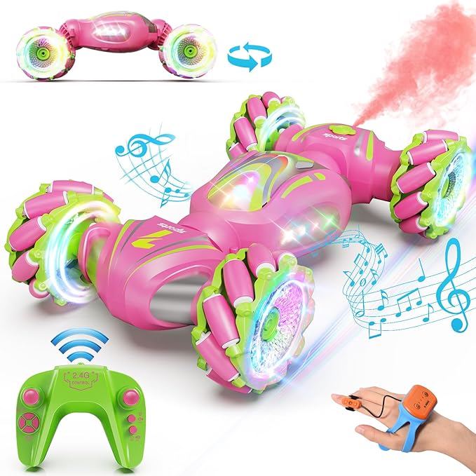 Remote Control Car, Pink RC Cars for Girls, Gesture Stunt with Light & Music, 4WD, 360° Rotating, 2.4Ghz Remote Control Car Toys, Birthday Gift for Kids Age 6+