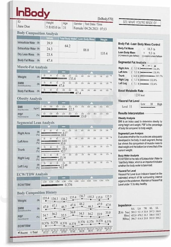 InBody Poster Body Composition Analysis Guide, Muscle Mass, Body Fat, BMI, Visceral Fat Level, Basal Metabolic Rate Canvas Painting Wall Art 20x30inch(50x75cm) Frame-style