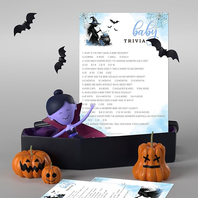 Hilarious Baby Shower Games, 25 Sets Halloween Baby Trivia + Answer Card, Blue Witch Gender Reveal Game Cards for Party Announcement Supplies - B07