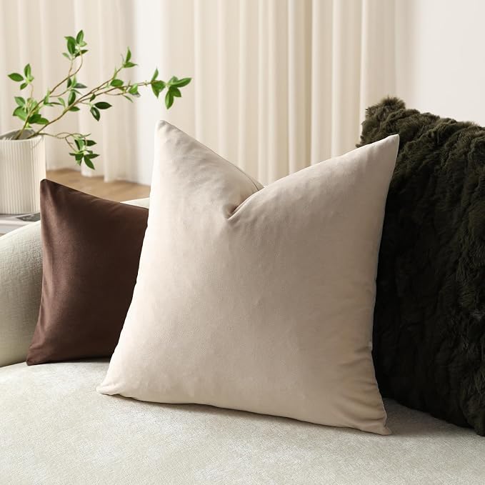 Throw Pillow Covers 20x20 Beige: Pack of 2 Cozy Soft Velvet Square Modern Luxury Decorative Throw Pillow Cases for Sofa Couch Living Room Bed Home Decor