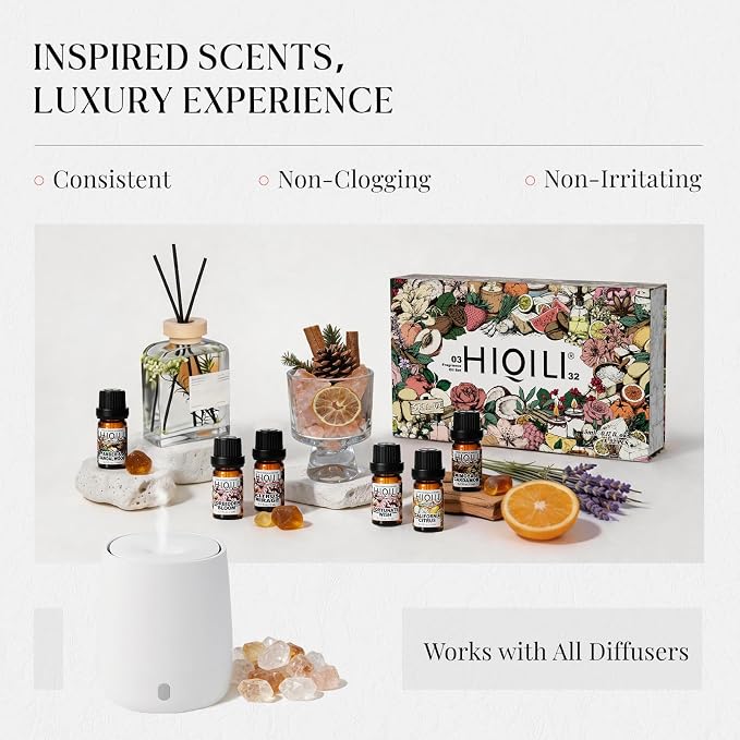 HIQILI Discovery Fragrance Oil Gift Set for Diffuser, DIY Perfume, Candles | 32 Scents, Suitable for Humidifier, Soap Making, Laundry Dryer Balls, Long Lasting Home Aroma, Perfume Oils for Women