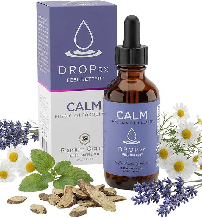 DropRx Calm - Organic Calming Supplement for Adults - Kava Kava, Lemon Balm, Lavender & Chamomile Liquid Drops - Herbal Relaxation Blend - Natural Sleep & Zen Support (2 fl oz)