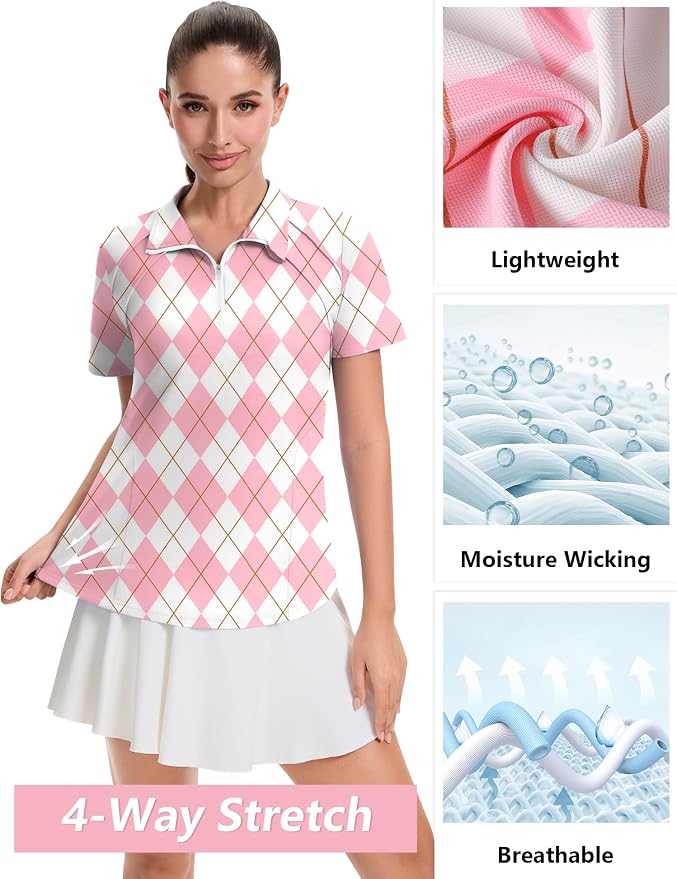 LOMON Womens Golf Polo Shirt Summer Short Sleeve Quarter Zip Outfit | Side-Pockets,Princess Seams,Cotton,Wrinkle Free,Moisture Wicking,Quick-Dry,Lightweight,Collared,for Tennis Workout