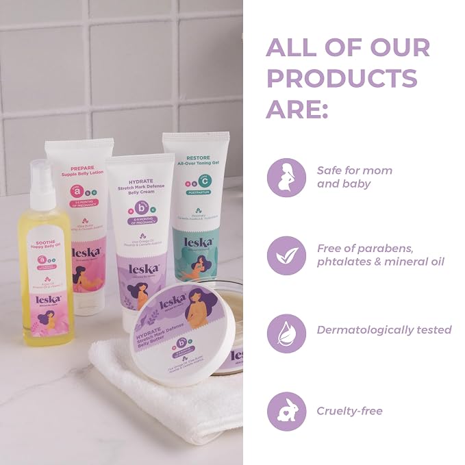 Leska Maternity Gift Set | Belly Lotion, Belly Oil, Stretch Mark Defense Cream & Belly Butter, Toning Gel | All-Stages Skincare for Pregnancy & Postpartum | New Mom Gifts (Set of 5, 4-4.93oz each)