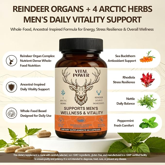 Men’s Vitality Supplement – Arctic Herbal & Reindeer Nutrient Blend – Energy Support – 60 Capsules