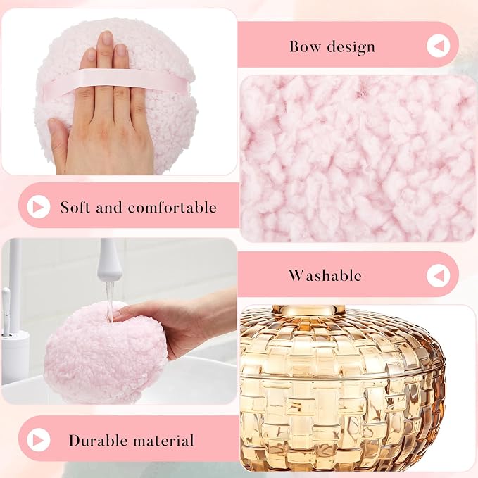 Tioncy 2 Set Extra Large Body Powder Puff and Container, 6'' Washable Vintage Decorative Crystal Powder & Container Gift for Bathroom Counter & Feminine Vanity Decor(Weave Design,Amber and Clear)