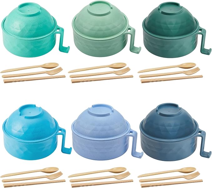 6 Sets Microwave Ramen Bowl Bulk 40 oz Wheat Straw Instant Ramen Cooker Set Portable Noodle Cooker with Handle Spoon Chopsticks Fork for College Dorm Room Gift (Blue,Green)