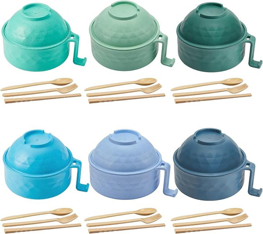 6 Sets Microwave Ramen Bowl Bulk 40 oz Wheat Straw Instant Ramen Cooker Set Portable Noodle Cooker with Handle Spoon Chopsticks Fork for College Dorm Room Gift (Blue,Green)