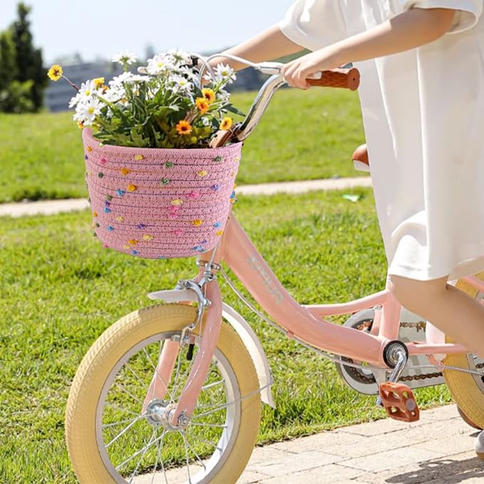 Kids Bike Basket for Boys and Girls, Children's Bicycle Basket Woven With Sisal Rope, Cute Decorative Accessories for Balance Bikes and Scooters