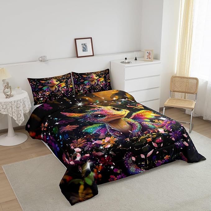 Feelyou Dragon Comforter Set Queen Size Dragon Stuff Comforter for Boys Girls Teens Shiny Flower Bedding Set Dragon Decor Duvet Set Room Decor Carbon Black Quilt Set