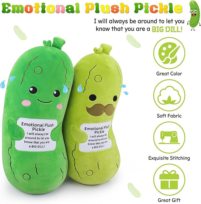 Emotional Plush Pickle-20” Pickle Stuffed Animal,Food Plushies Cucumber Stuffed Animal with Positive Warm Words,Kawaii Plush Toy Kids Birthday Gifts,Soft Vegetable Lover Plushie Pillow