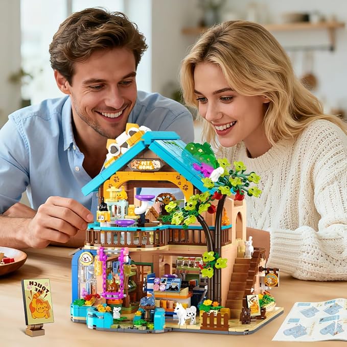 City Pet Shop Building Set with Lights, Cozy Pet House Construction Toy with Cats Dogs Rabbit, 1431 PCS Cute Animal Store Miniature Model Building Block Kit for Adults Kids Boys Girls Ages 12+