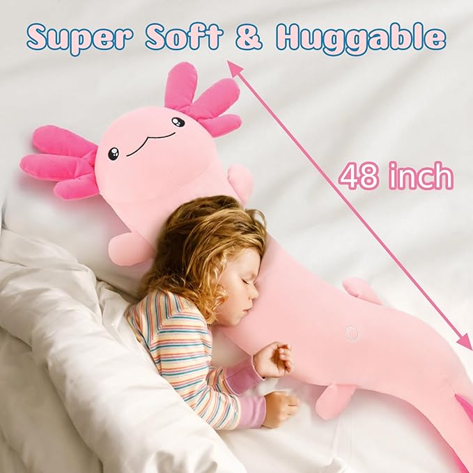 Tezituor Pink Axolotl Stuffed Animal 48 inch Long Plush Toy Body Pillow for Kids Adults Girls 6-12, 4ft Large Stuffed Salamander Axolotl Lovers Gifts Christmas Valentine's Day - Glow in The Dark