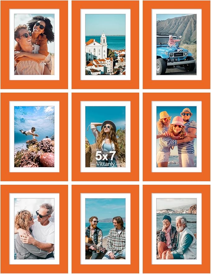 Vittanly 5x7 Picture Frames Set of 9 for Wall or Tabletop Display, Orange | Display Pictures 4x6 with Mat or 5x7 without Mat, Small Photo Frames, Engineered Wood with Shatter Resistant Plexiglass