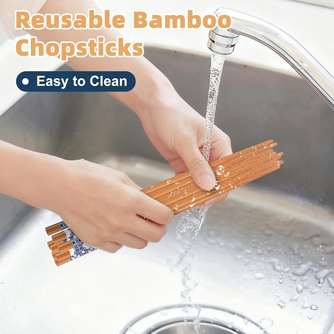 Antner 5 Pairs Natural Bamboo Chopsticks Reusable Classic Japanese Style Chop Sticks Gift Sets, Dishwasher Safe, 8.8 Inch/22.5cm