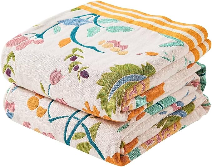 XIBLC Boho Throw Blanket for Bed, 100% Cotton Soft Rustic Quilt Fall Blanket, 50"x60" Yellow Floral Printed Farmhouse Decor Bed Blankets, All Season Rustic Reversible Bohemian Throw Quilt