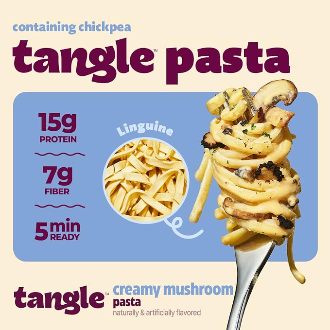 Tangle Creamy Mushroom Instant Pasta, 15g Protein Linguine, 7g Fiber 4-Pack | 15g protein, 7g fiber per serving; Chickpea-based air-dried noodle; Truffle and shiitake cream, non-spicy; Ready in 4 min