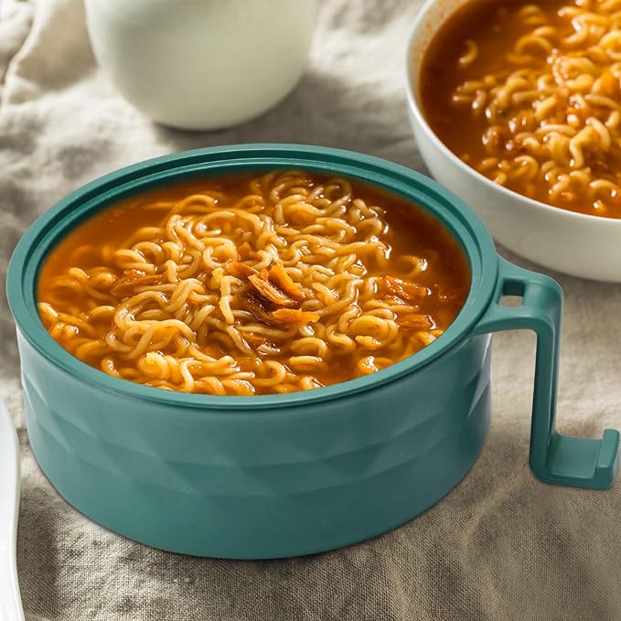 1 Set Microwave Ramen Cooker 40oz Wheat Straw Microwave Noodle Bowl Set with Chopsticks, Spoon, Fork, College Dorm Office Apartment Essentials (Dark Green)