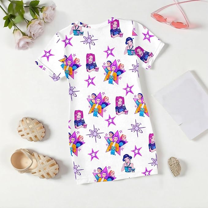 Girl's Anime K-POP Graphic Long Dress T-Shirt - Casual Loose Fit Short Sleeve Top