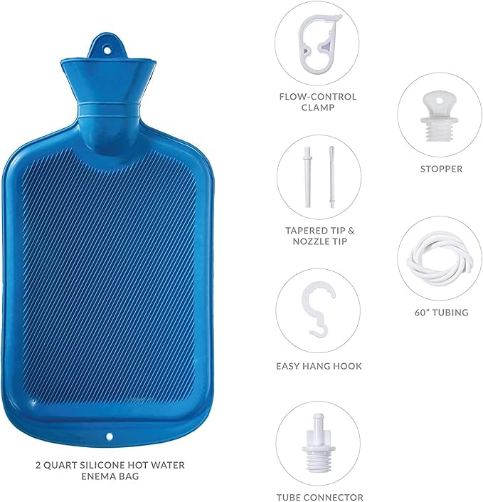 Enema Bag Kit 2 Quart Enema Bag with 5ft Long Hose, Multi-Size Tips and Controllable Water Flow Clamp for Colon Cleanse Enemas (Blue)
