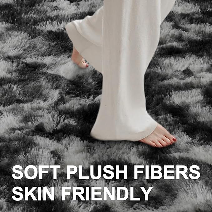 7x10 Ft Extra Large Shag Rugs for Living Room, Tie Dyed Ultra Soft Fluffy Furry Area Rugs for Bedroom Indoor Floor, Aesthetic Carpet for Kids Home Decor (Black Grey)