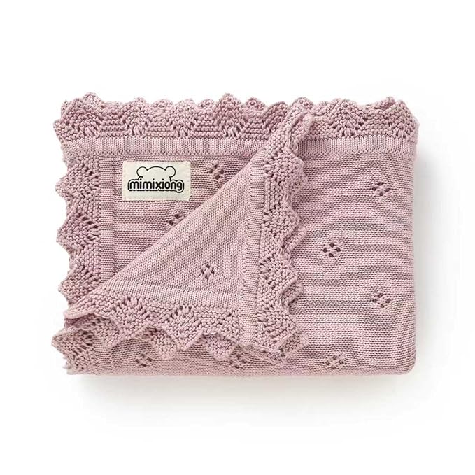 mimixiong Cotton Baby Blanket Knitted Crochet Receiving Crib Nursery Swaddling Blankets for Newborn Baby Boy Girl with The Bunny Rattle (Dreamy Lilac)