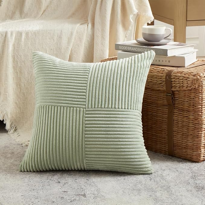 Fancy Homi 2 Packs Sage Green Decorative Throw Pillow Covers 18x18 Inch for Living Room Couch Bed Sofa, Farmhouse Boho Home Decor, Soft Corss Corduroy Patchwork Textured Square Cushion Case 45x45 cm