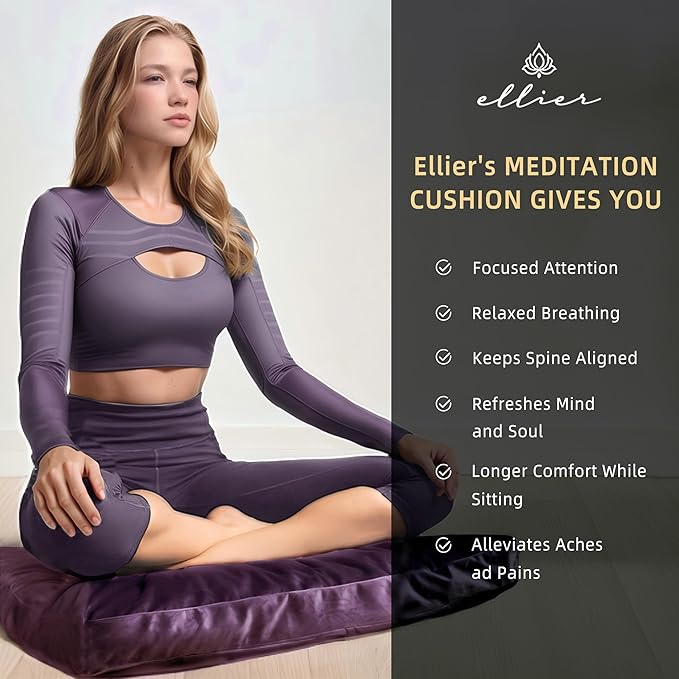 ellier Zafu & Zabuton Meditation Cushion Set - Buckwheat Hull & Memory Foam Pillows, Ergonomic Support for Yoga, Mindfulness - Organic Velvet Cover, Large Size, Purple