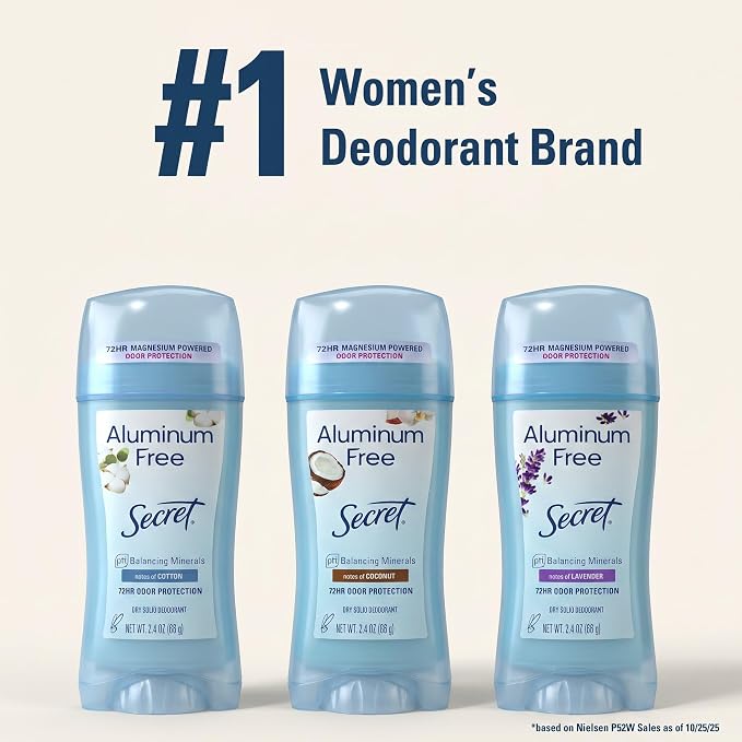 Secret Aluminum Free Deodorant for Women, 48hr Odor Protection, Free of Parabens Dyes Talc & Baking Soda, PH Balancing Minerals, Dry Solid, Cherry Blossom Scent, 2.4 oz (Pack Of 3)