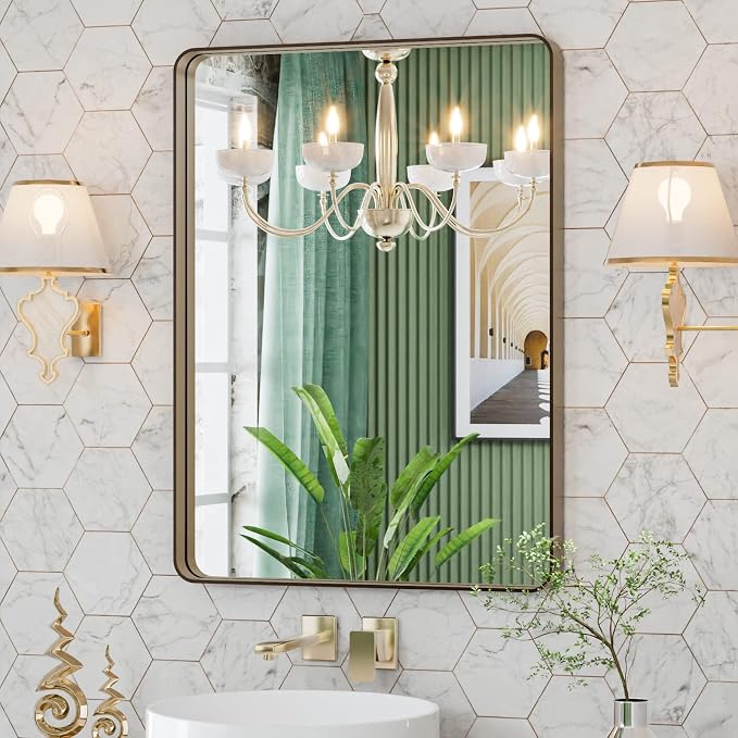 LOAAO 20"X30" Bronze Bathroom Mirror for Vanity | Rounded Rectangle, Brushed Bronze Metal Frame, Anti-Rust, Hangs Horizontally or Vertically