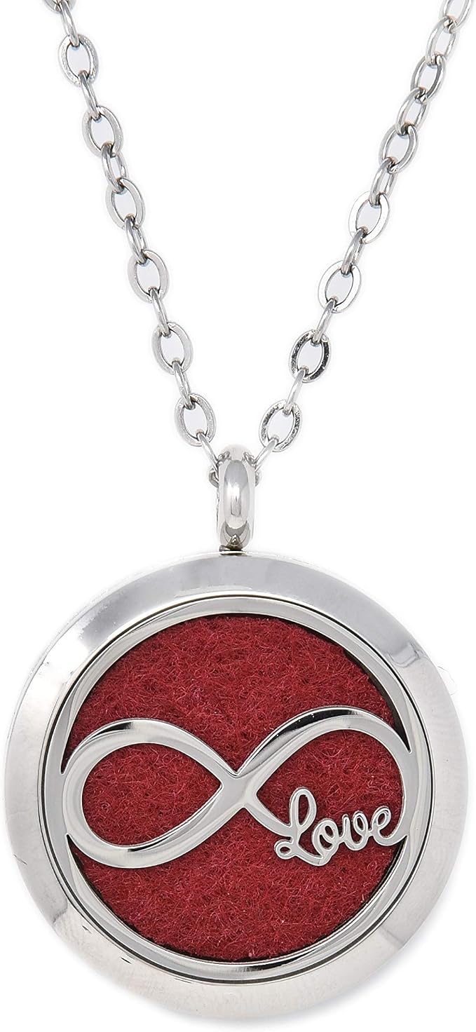 Aromatherapy Essential Oil Diffuser Stainless Steel 30MM Silver Magnetic Locket Pendant 2 Sizes Chain Necklace, Refill Pads & Diffuser Bracelet in a Velvet Bag (Love)