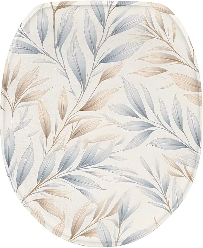 Watercolor Leaves oilet Cover Set, Soft Blue Plush Elongated Lid Protector, Unique Ocean Bathroom Decor Accessory